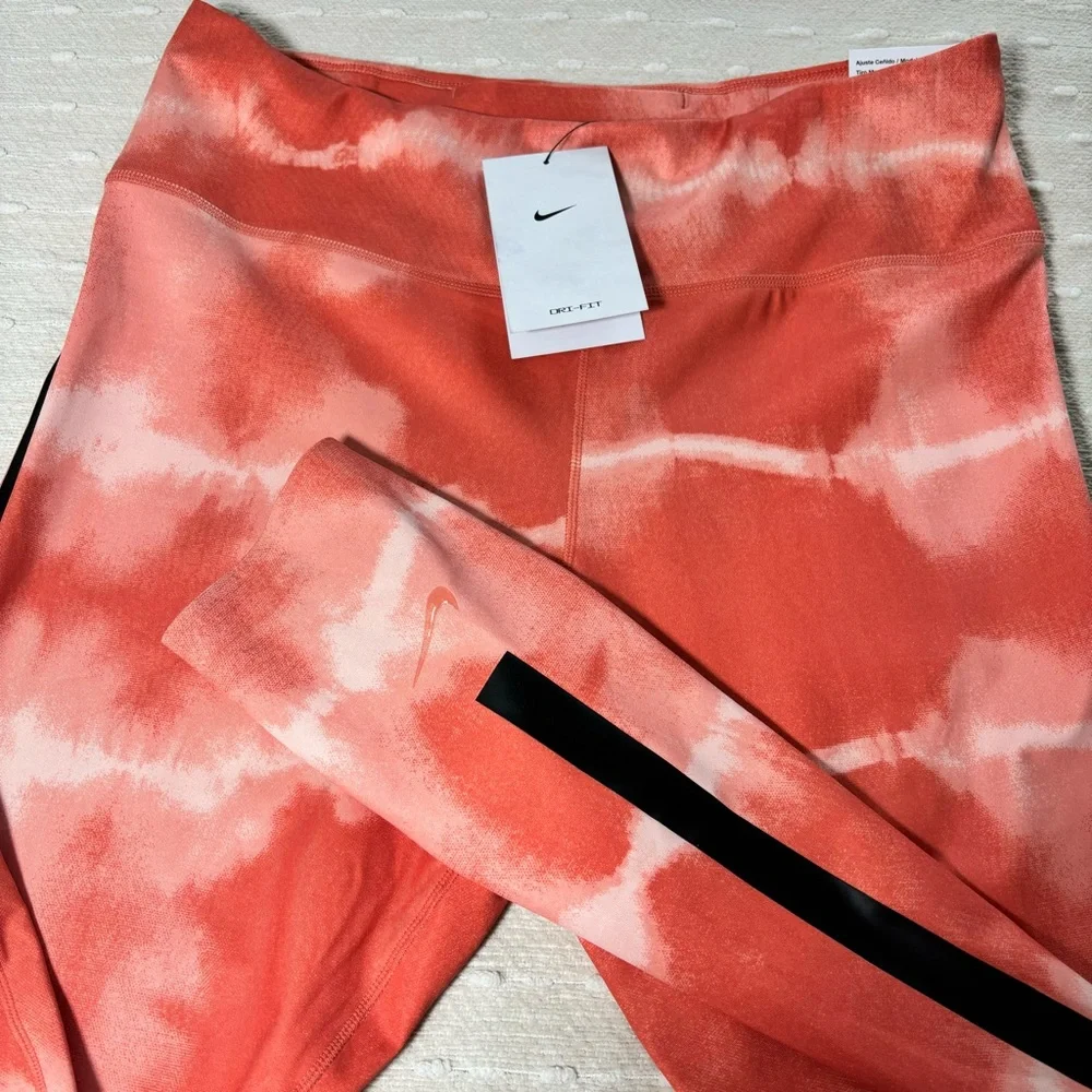 Nike Women's Dry-Fit Leggings-Madder Root&Clear Tie-Dye One Luxe Mid-Rise Size L
